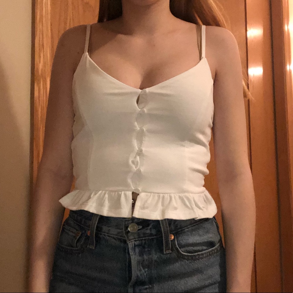 White Buttoned Ruffled Crop Top